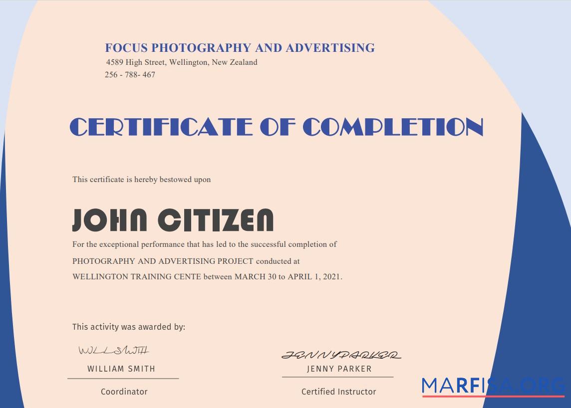 Downloadable USA Completion Certificate template in Word and PDF format
